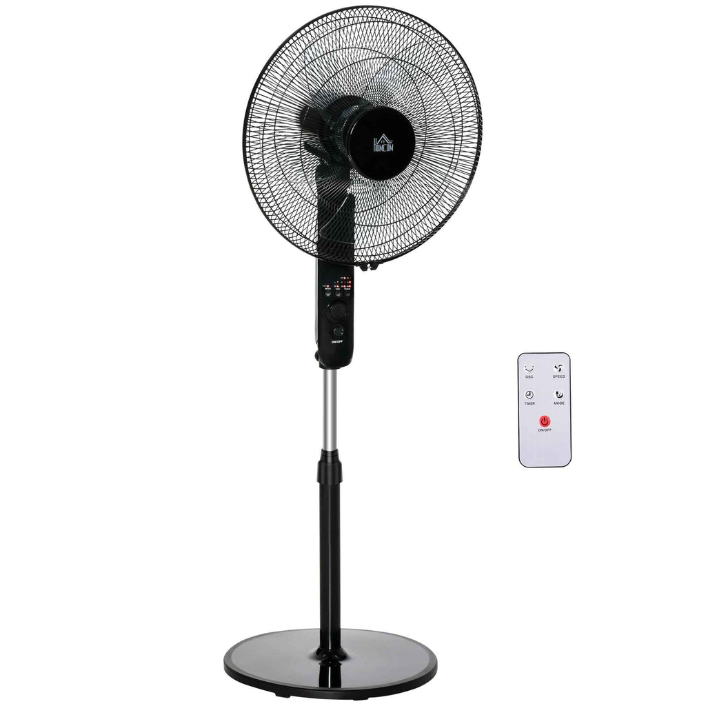 HOMCOM Pedestal Fan with Remote Control, Adjustable Height, 3 Speeds, Adjustable Tilt Angle, Metal, Black