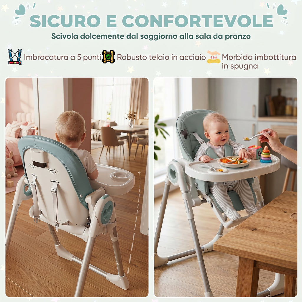 AIYAPLAY Folding High Chair for Babies 6-36 Months, Adjustable Height, Double Washable Tray and Wheels, Green