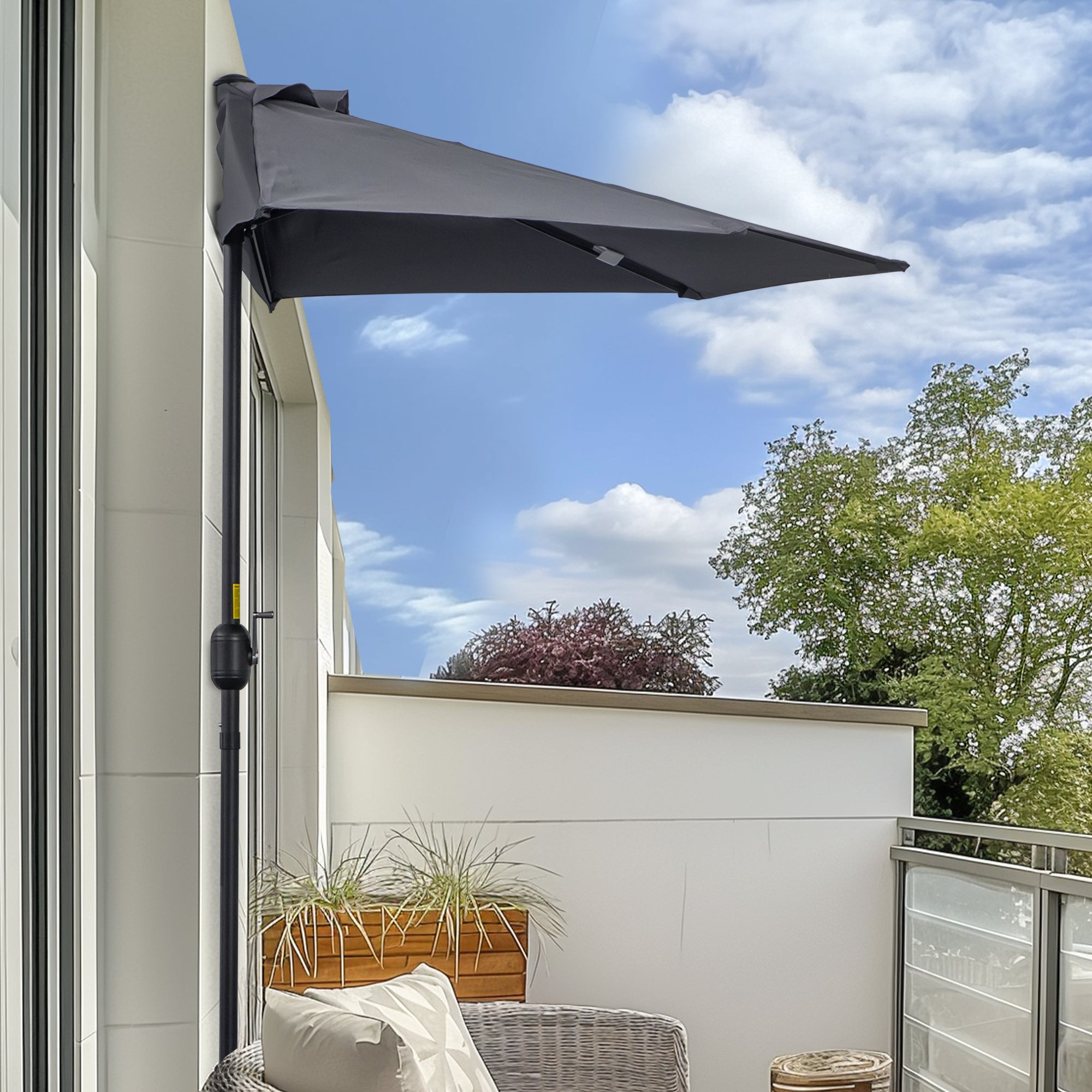 Outsunny Semicircular Wall-Mounted Umbrella with Crank Handle, Polyester and Metal, 2.7 x 2.4 m, Grey