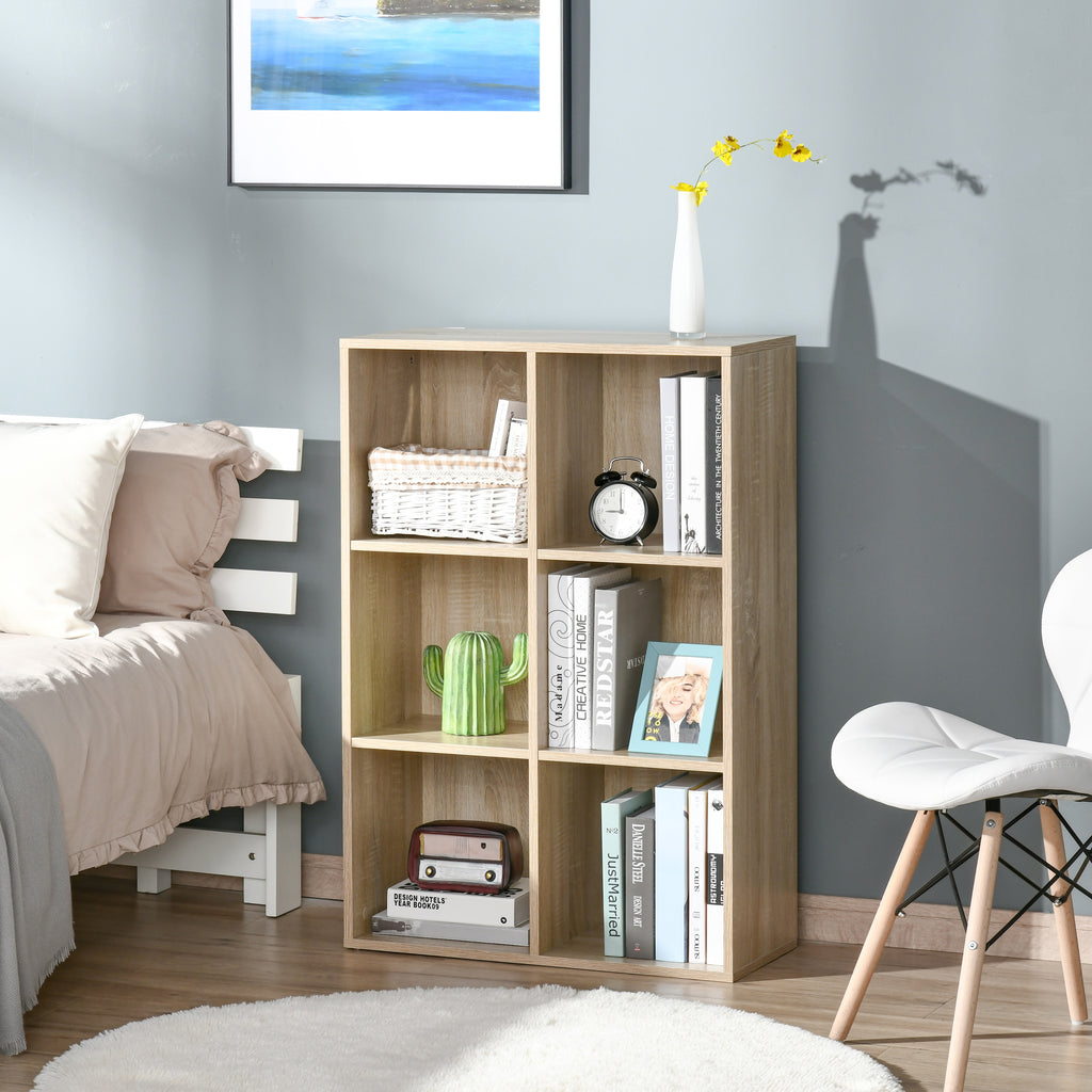 Modern 6-Cube Wooden Bookcase, 65.5x30x97.5 cm, Oak Color