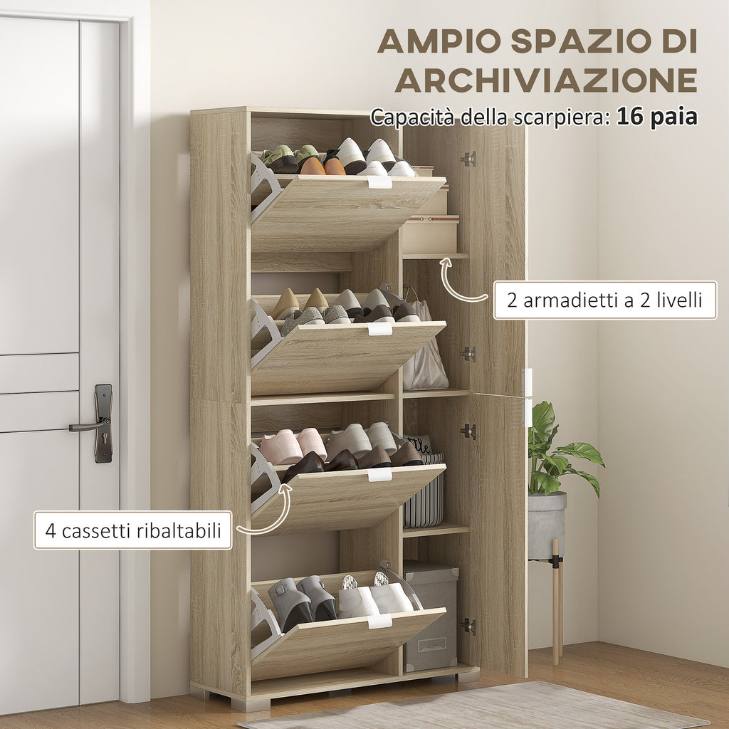 Shoe Rack with Mirror for 16 Pairs of Shoes, 4 Drop-Down Drawers and 2 Cabinets, 82x30x168cm, Oak