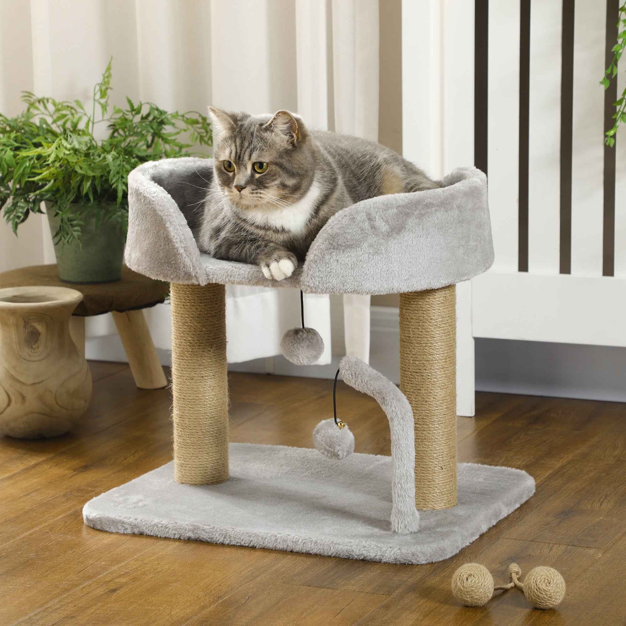 PawHut Cat Tree with Jute Scratching Post, Bed and Balls, 48x38x42 cm, Grey