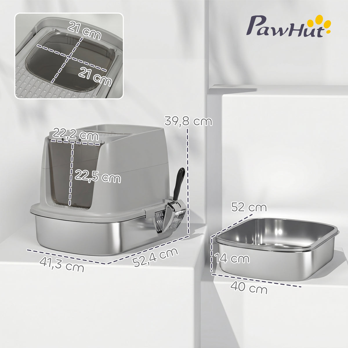 PawHut Stainless Steel Enclosed Cat Litter Box with Flip Lid, Double Door, Scoop, Light Grey