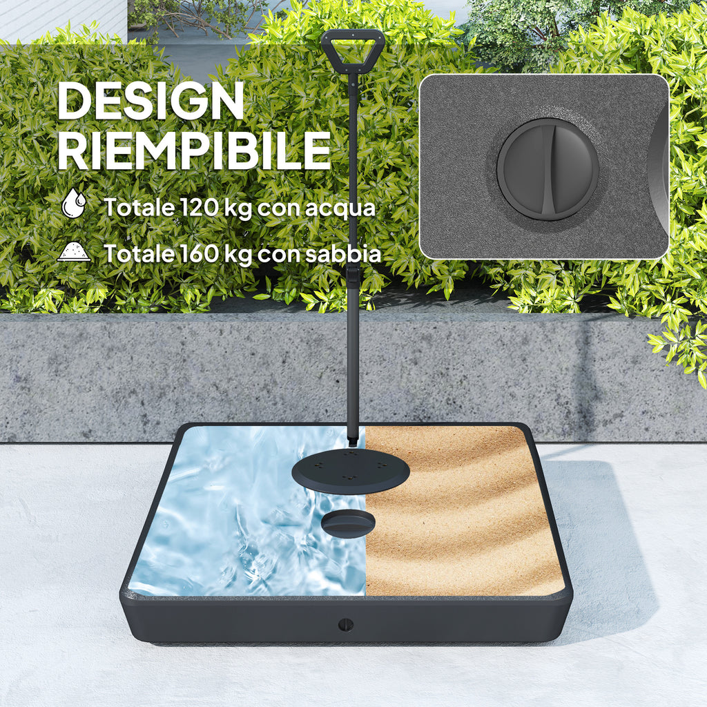 HDPE Cantilever Umbrella Base with Handle and Wheels and Fillable with Water or Sand, 95x95x117 cm, Black