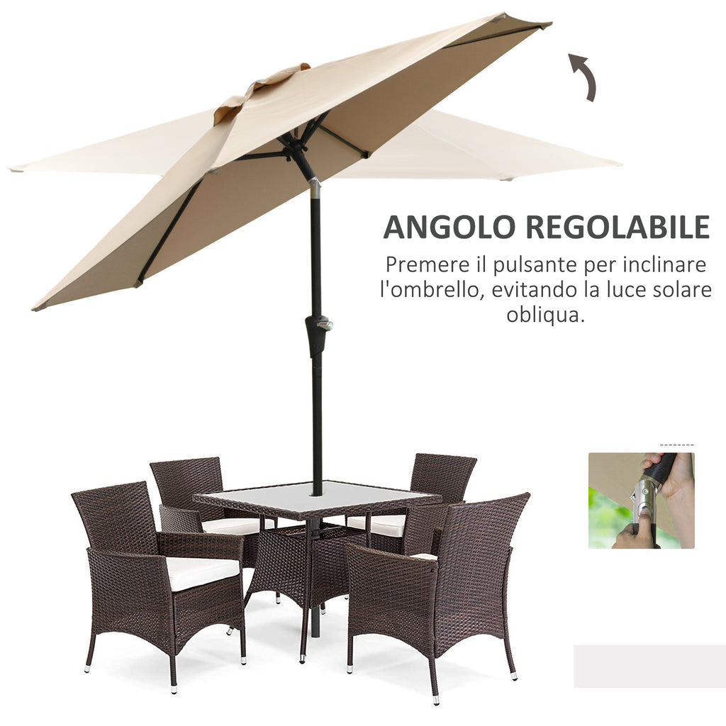 Tilting Garden Umbrella 2.3x2m with Crank Opening and 6 Ribs, Khaki - Borgè