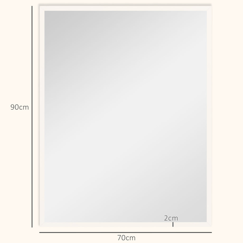 HOMCOM Rectangular Wall-Mounted Bathroom Mirror with Hooks, Glass and MDF Bedroom Mirror, 70x90 cm, White