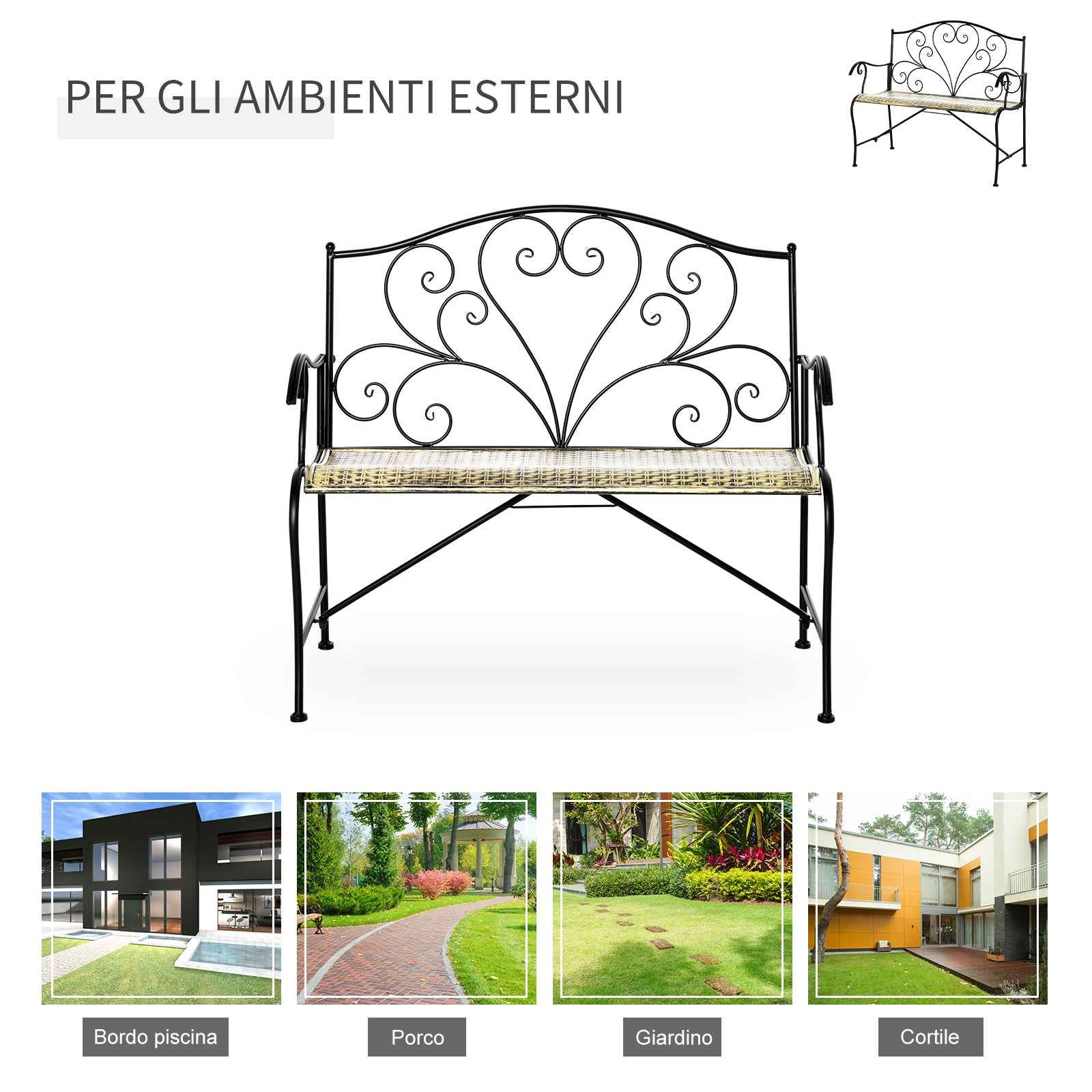 Outsunny Iron Garden Bench, Vintage Style 2-Seater Outdoor Bench, 100x 50x88cm, Black
