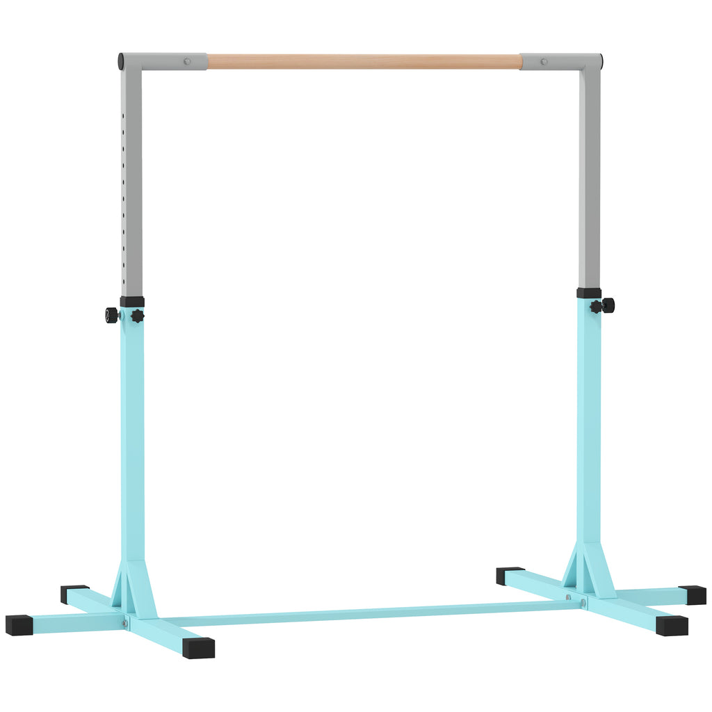 HOMCOM Height-Adjustable Gymnastics Bar for Children Ages 3+, Made of Steel and Solid Beech Wood, Light Blue