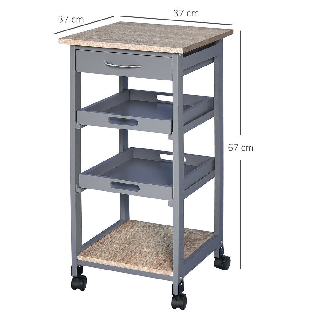 Kitchen Trolley with Drawer, 2 Pull-Out Trays and Fixed Shelf, Pine Wood and MDF, 37x37x76 cm