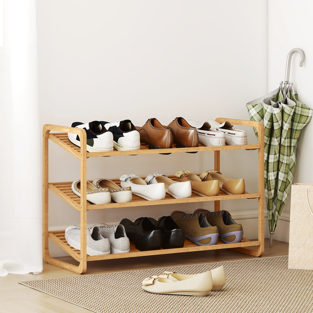 3-Tier Shoe Rack with Bamboo Slatted Shelves for 12 Shoes, 76 x 33 x 50.8 cm, Wood Color