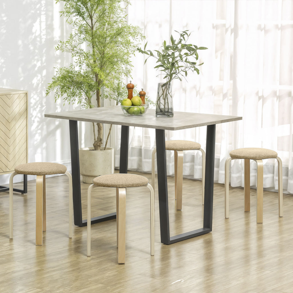 Set of 4 Stackable and Padded Stools with Fabric Upholstery and Wooden Legs, Khaki