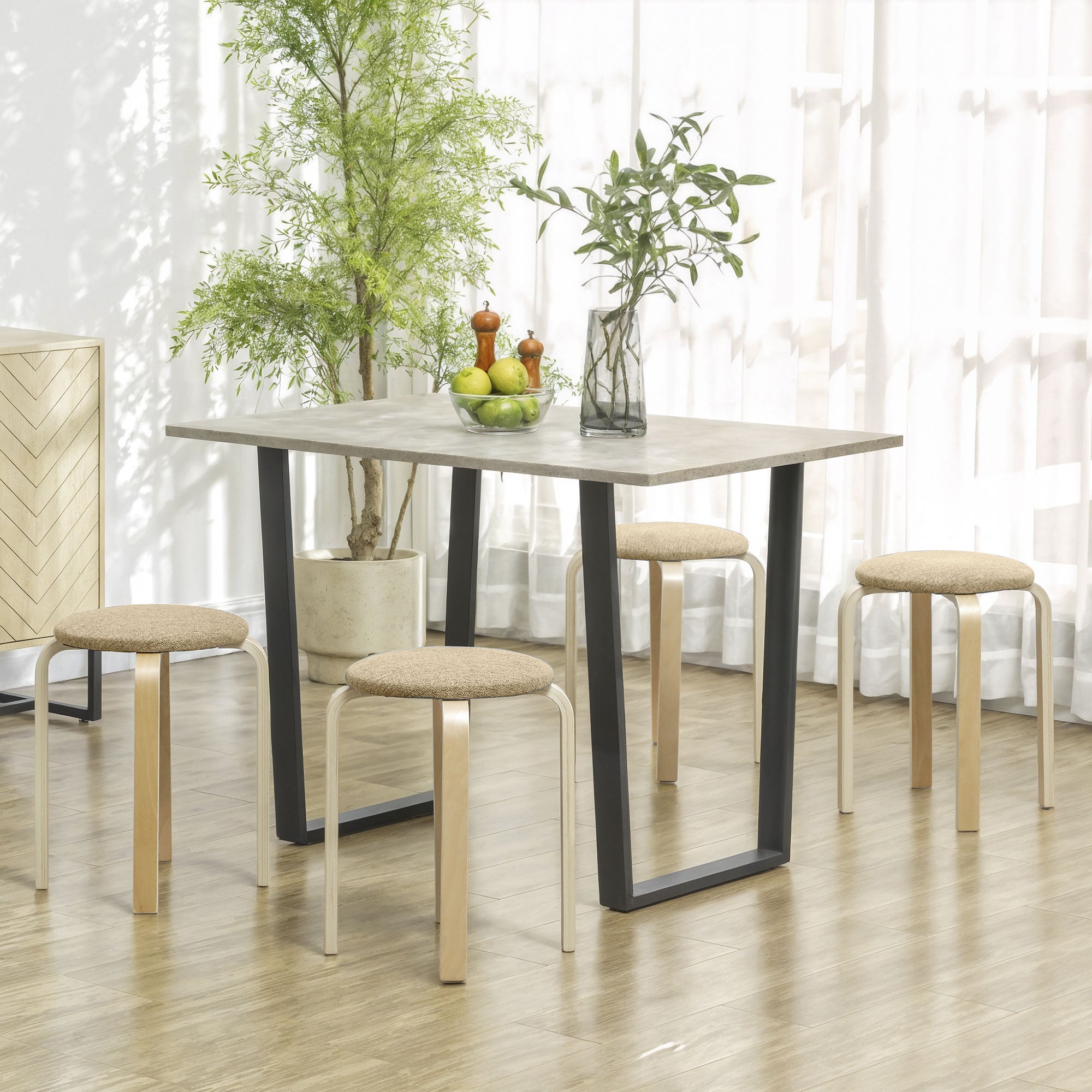 Set of 4 Stackable and Padded Stools with Fabric Upholstery and Wooden Legs, Khaki