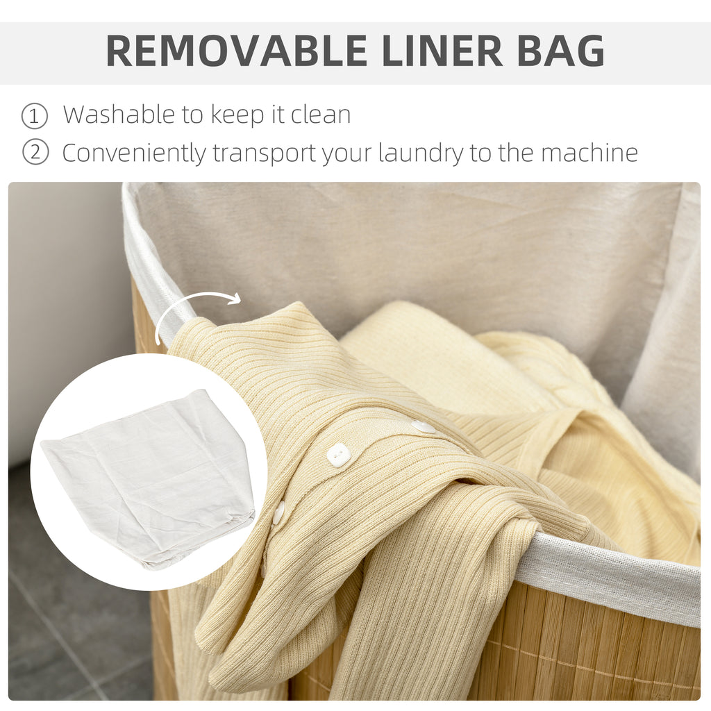 Laundry Basket with Triangular Lid in Bamboo and Fabric, 38x38x57cm, Wood Color - Borgè