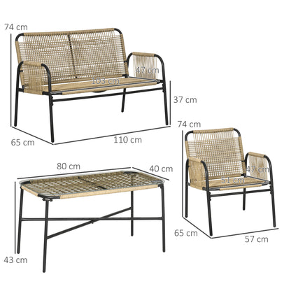 Outsunny Garden Lounge in PE Rattan with Sofa and 2 Armchairs with Cushions, Glass Coffee Table, Yellow - Borgè