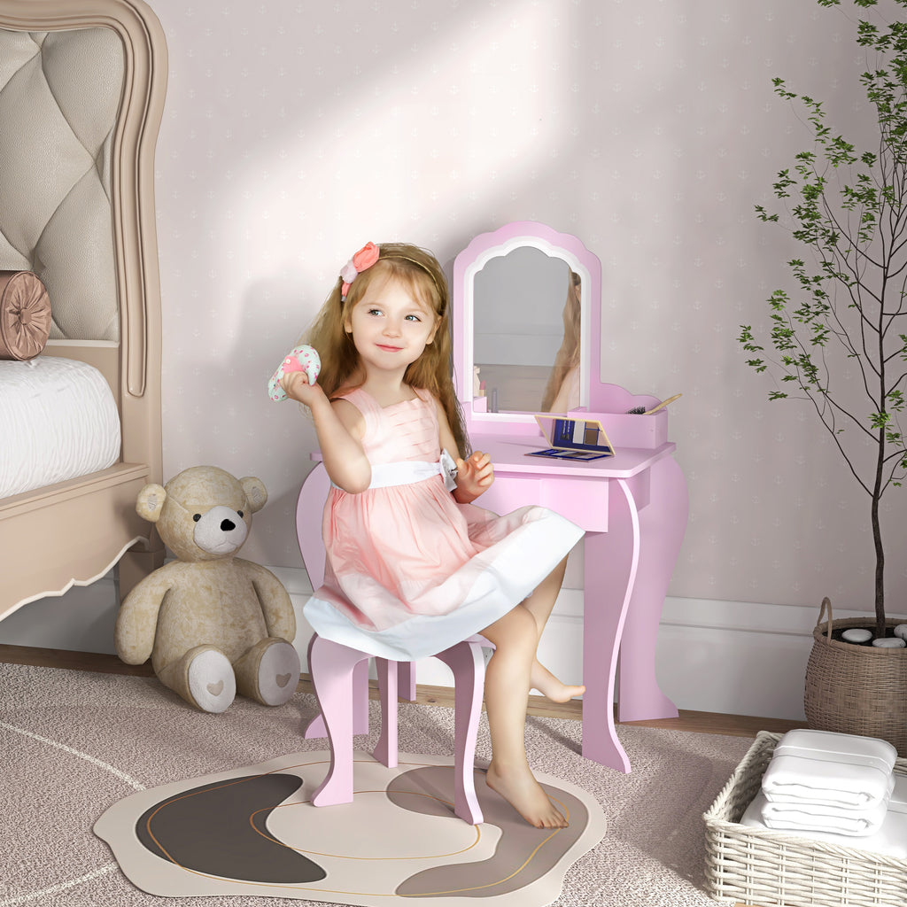 Girls' Dressing Table Set with Makeup Mirror and Matching Wooden Stool, Drawer and Storage, Pink