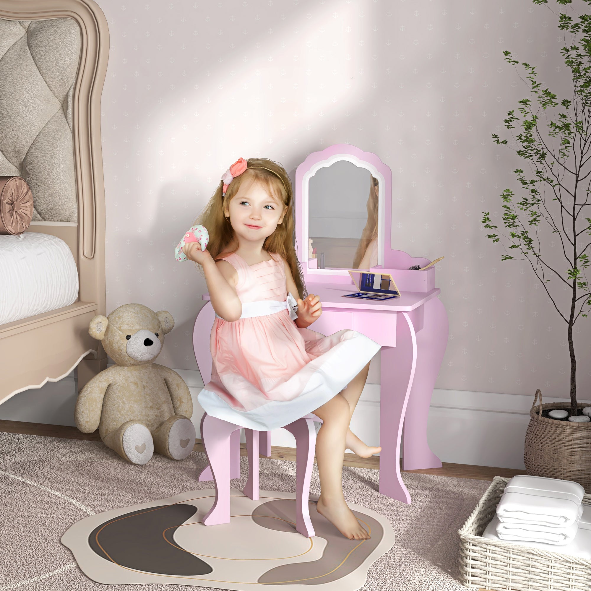 Girls' Dressing Table Set with Makeup Mirror and Matching Wooden Stool, Drawer and Storage, Pink