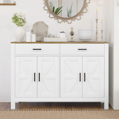 Kitchen Sideboard with 2 Drawers and 2 Cabinets Rustic Style with Adjustable Shelves, White