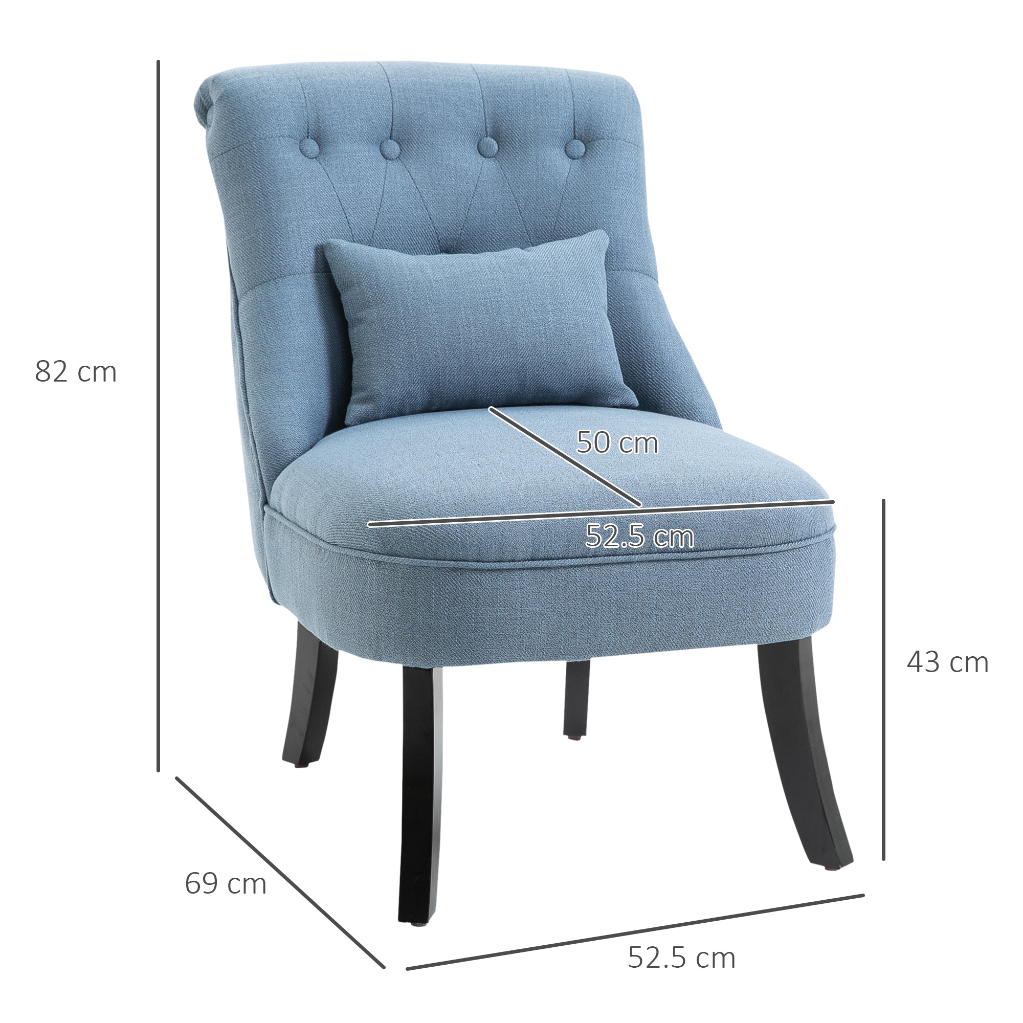 Upholstered Living Room Armchair with Cushion, in Linen and Wood Effect Fabric, 52.5x69x77 cm, Blue