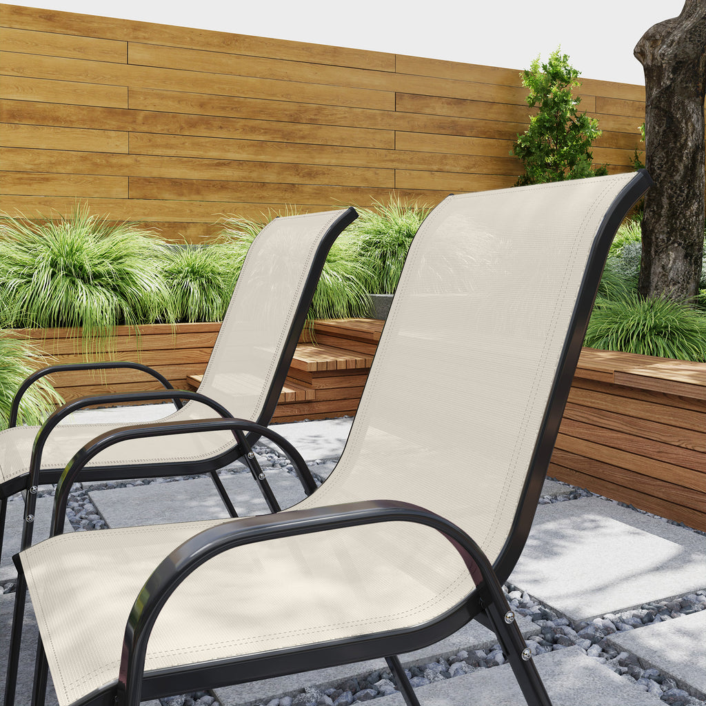 Outsunny Set of 4 Stackable Garden Chairs with Curved Armrests, Steel and Breathable Fabric, 54x71x93 cm, Beige