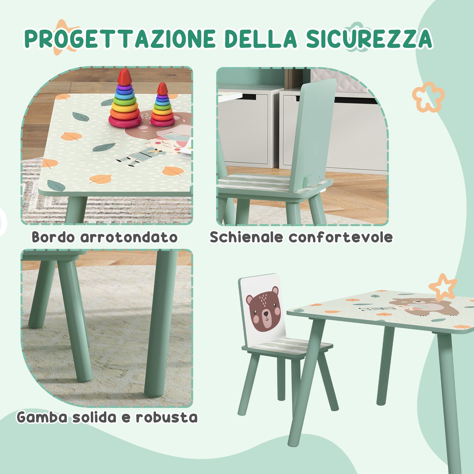 ZONEKIZ 3-piece table and chair set for children 3-8 years in MDF and pine wood, green - Borgè