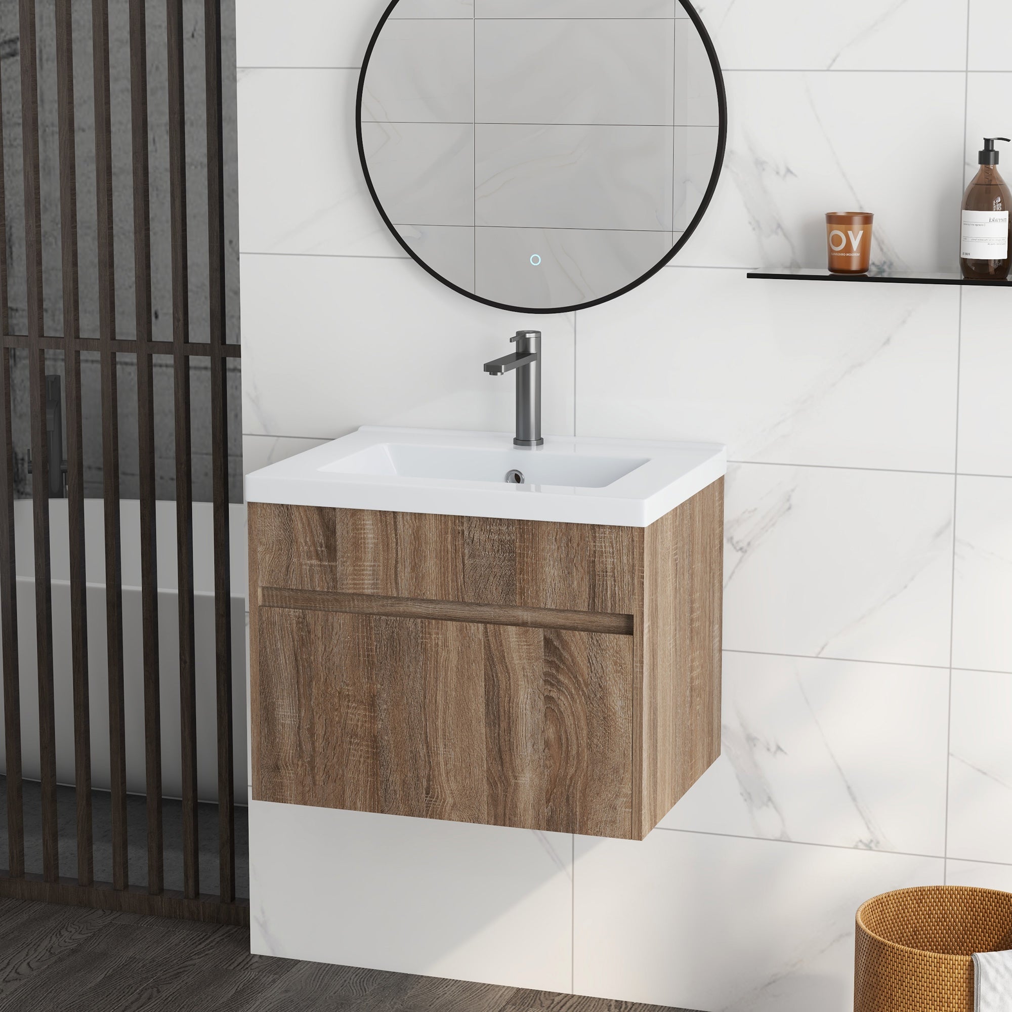 60cm Vanity Unit with Wooden Drawer and Ceramic Sink, Light Brown