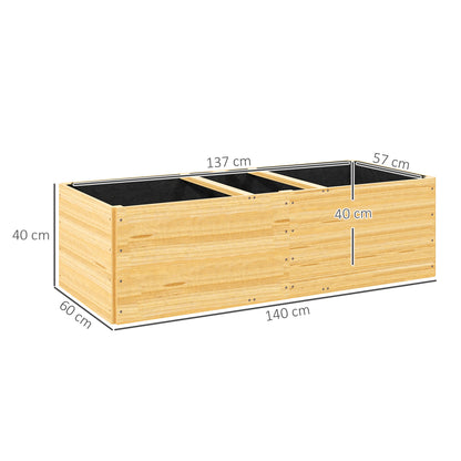 Outdoor Planter in Fir Wood Divided into 3 Areas with Non-Woven Fabric Layer, 140x60x40 cm