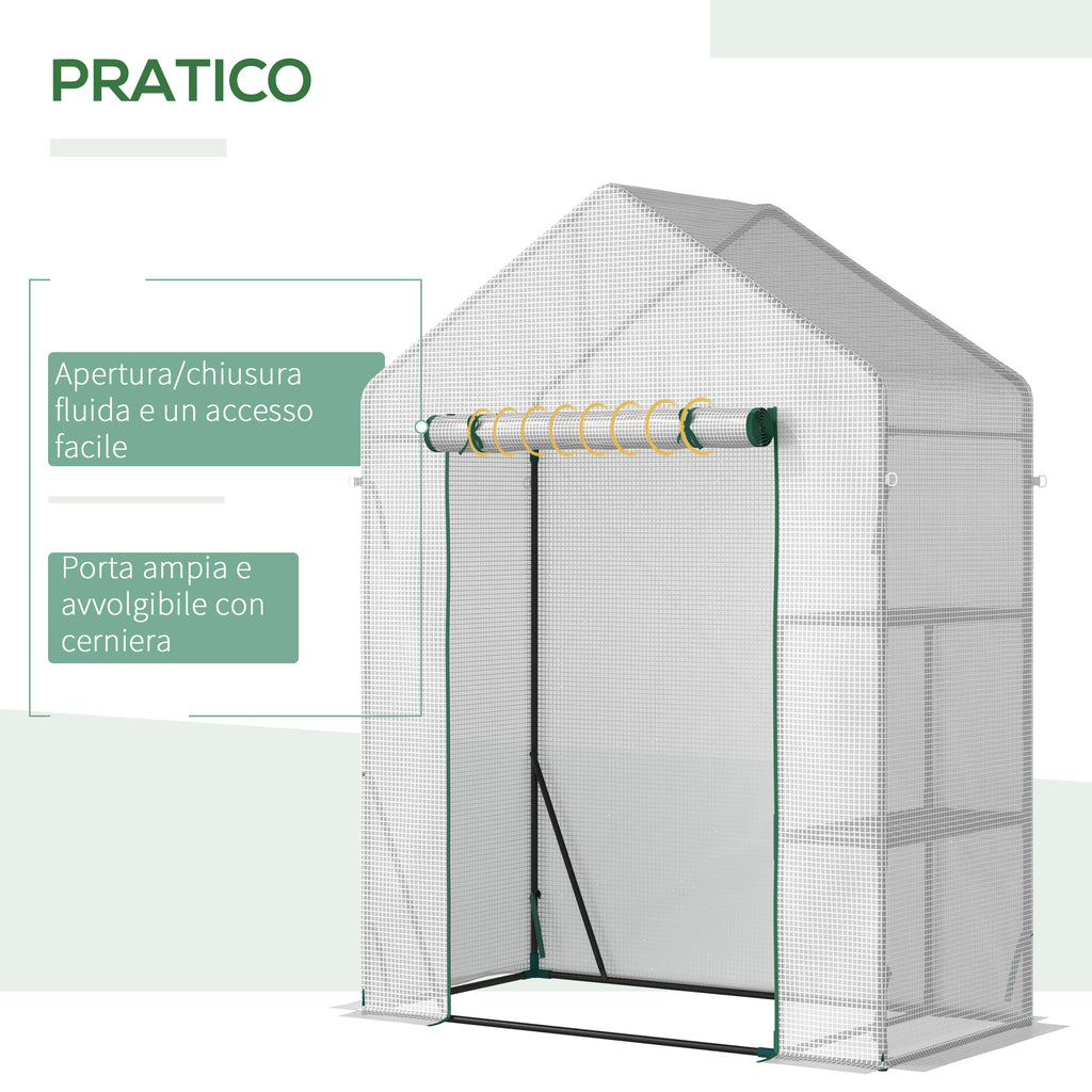 Outsunny Outdoor Garden Greenhouse in PE and Steel with 2 Shelves and Roll-Up Door, 143x73x195 cm, White
