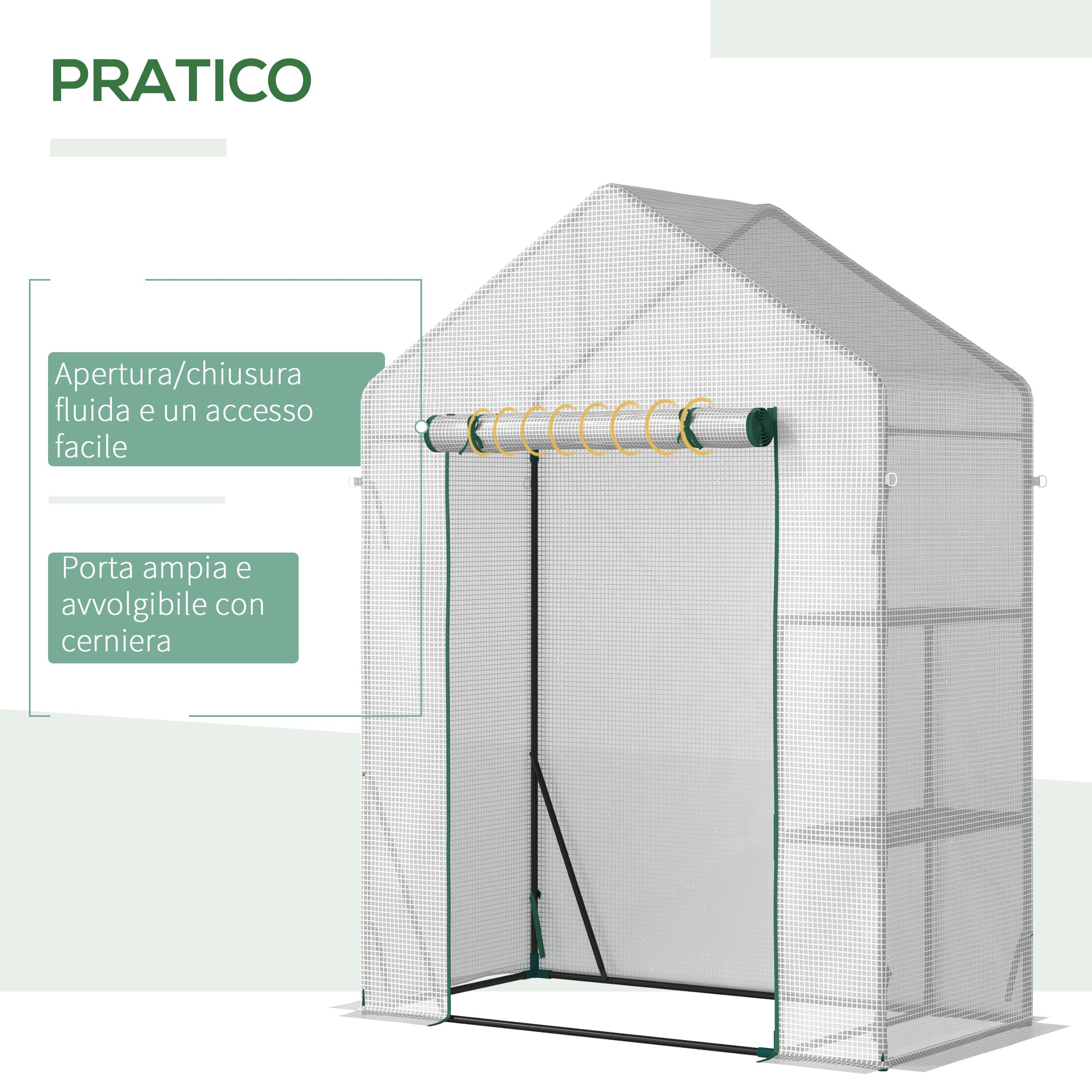 Outsunny Outdoor Garden Greenhouse in PE and Steel with 2 Shelves and Roll-Up Door, 143x73x195 cm, White