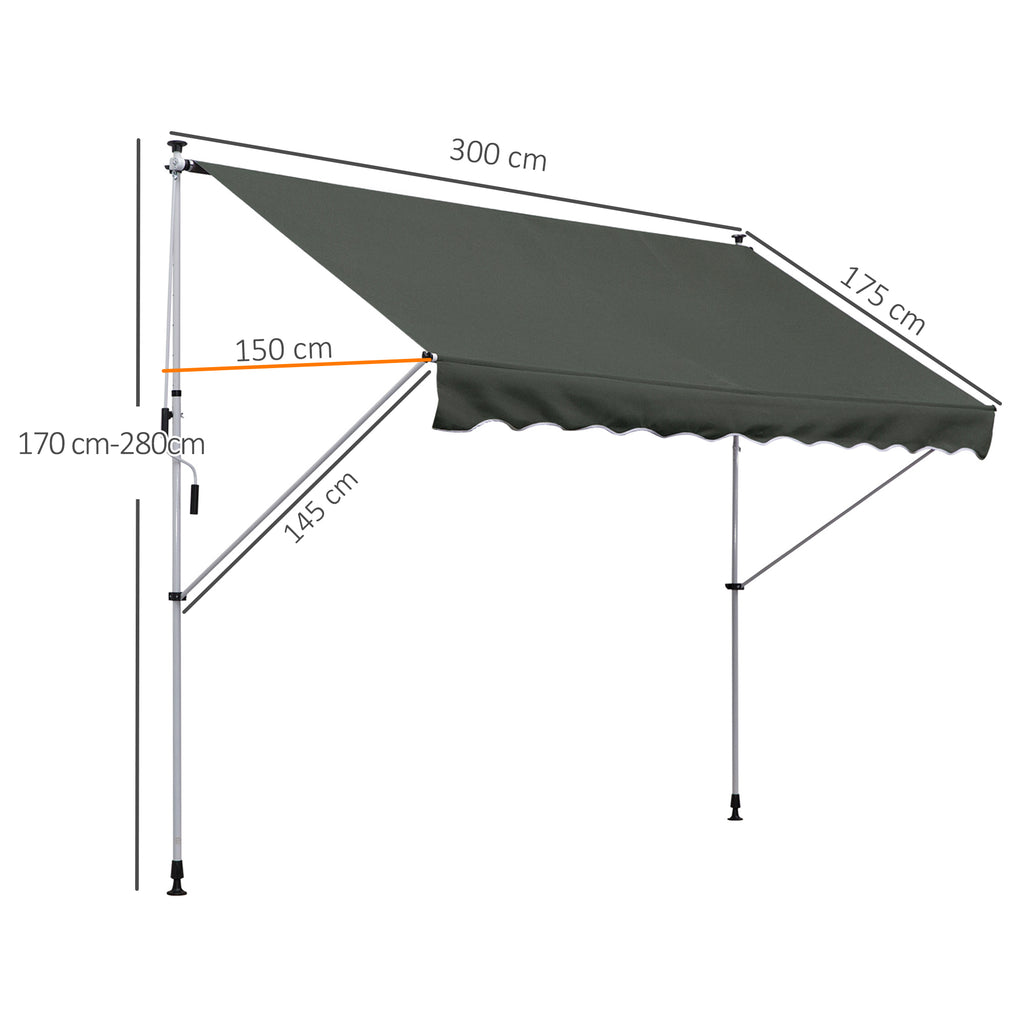 Outsunny 3x1.5m Awning with Crank Arms, Telescopic Metal Structure and Polyester Sunshade