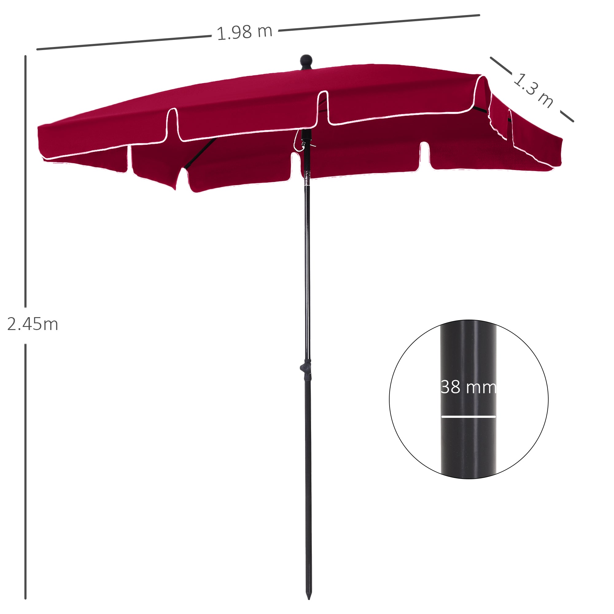 Outsunny 2x2.4m Rectangular Garden Umbrella with Adjustable Tilt, Red and Black