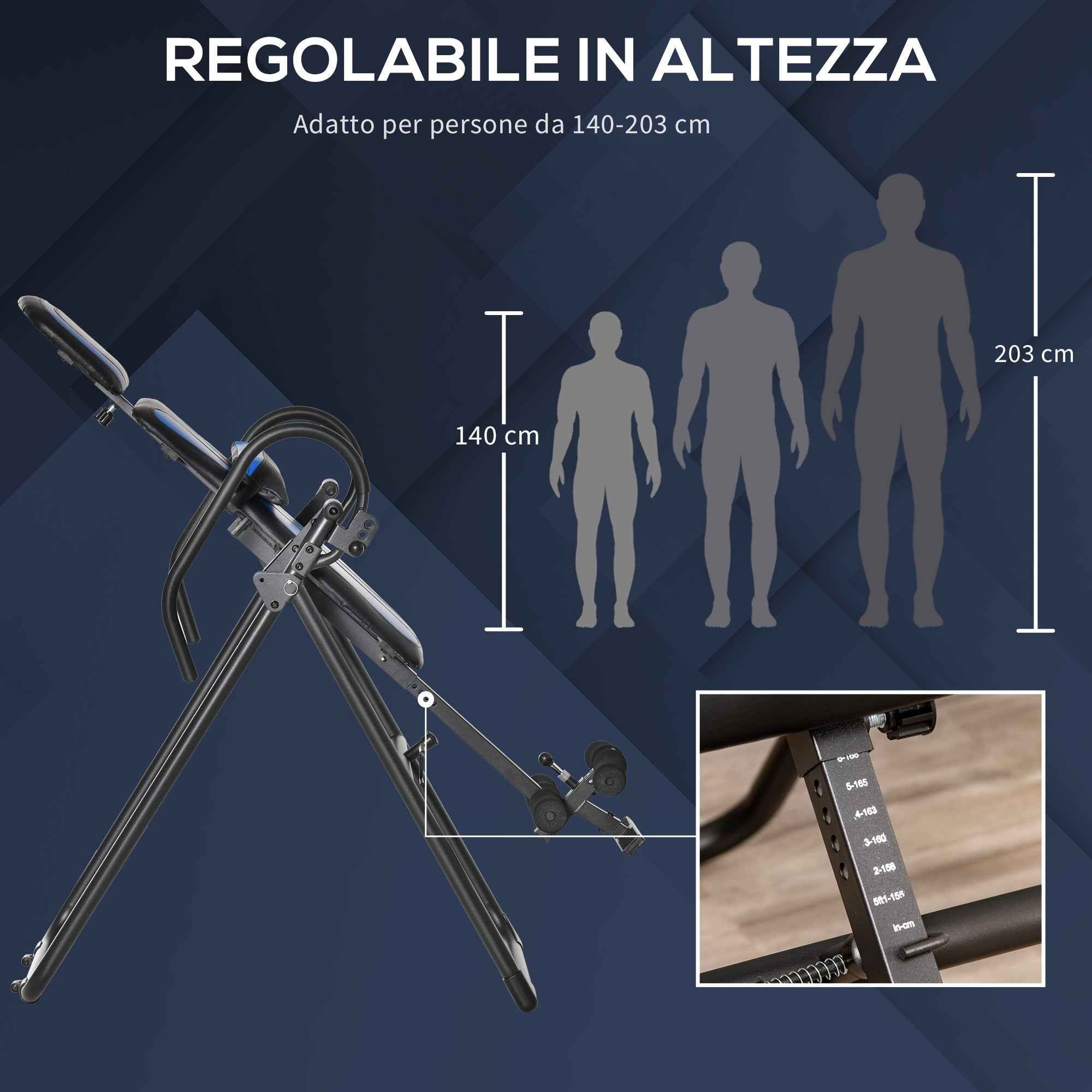 HOMCOM Folding Gravity Inversion Table with Adjustable Length (140-203cm) and Wheels, Black and Blue