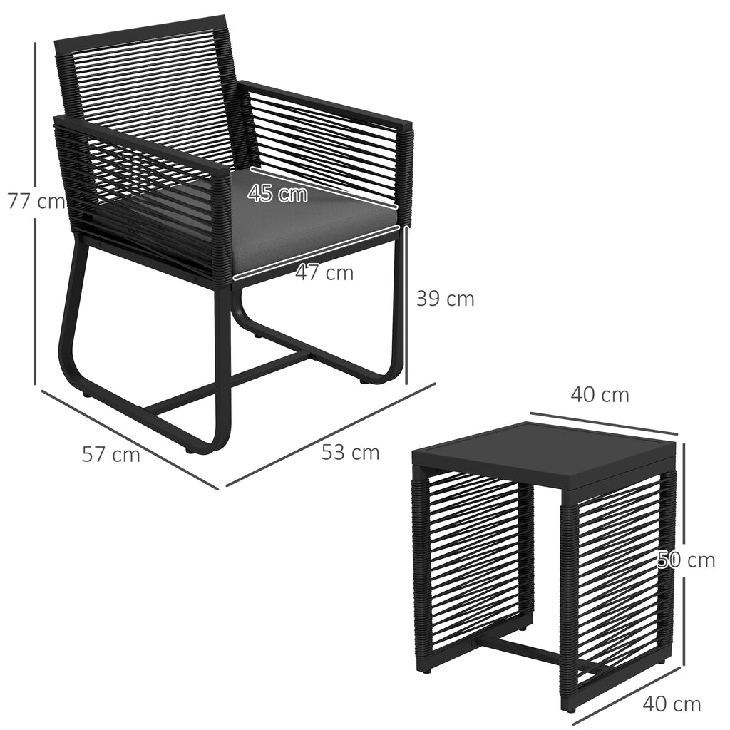 Rattan Garden Set with 2 Armchairs with Cushions and Glass Coffee Table, Black - Borgè