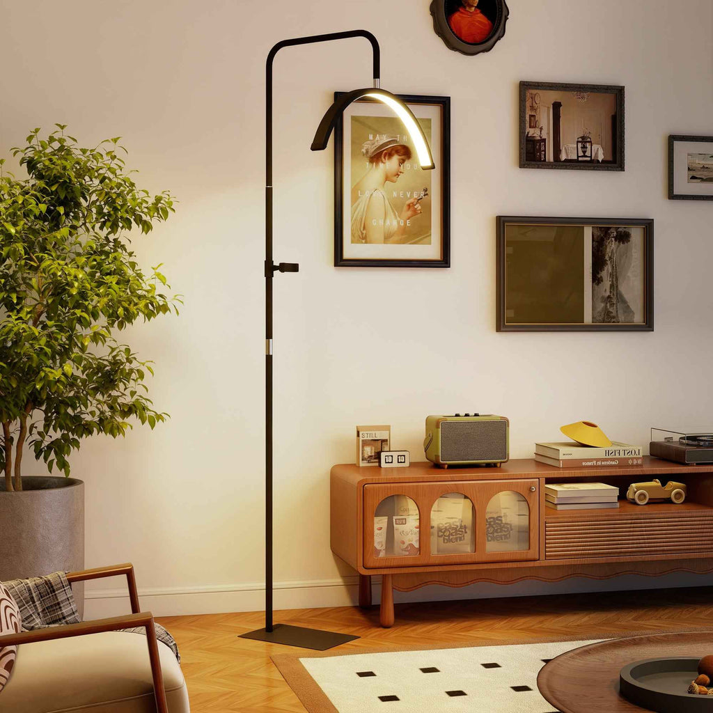 HOMCOM LED Floor Lamp with Half-Moon Head, Adjustable Height and Color Temperature, Remote Control, Black