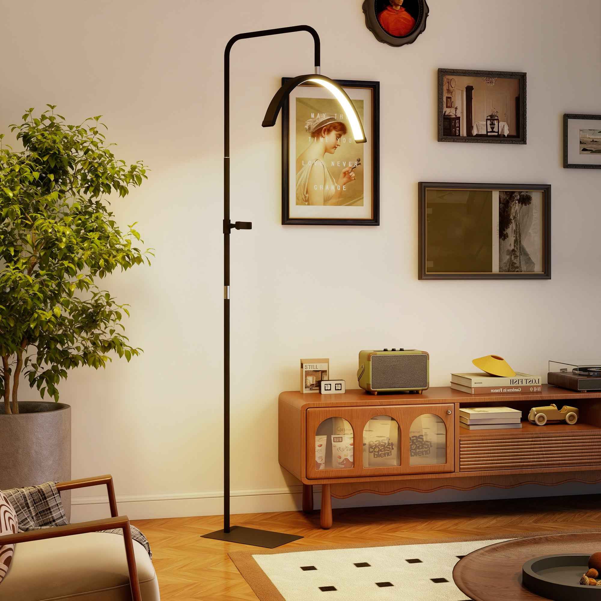 HOMCOM LED Floor Lamp with Half-Moon Head, Adjustable Height and Color Temperature, Remote Control, Black