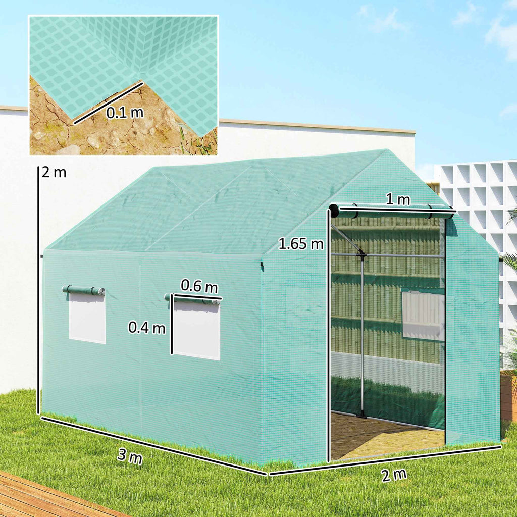 Outsunny 2x3x2 m Tunnel Greenhouse with Roller Doors and Windows and Pointed Roof, in Steel and PE, Green