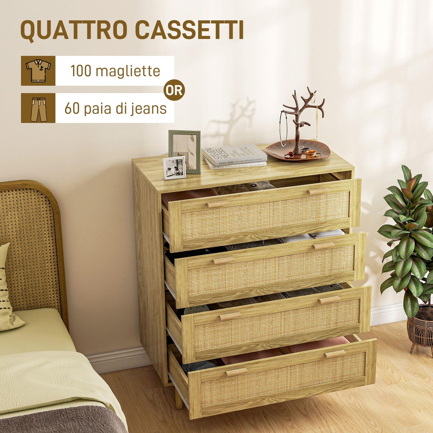 4 Drawer Chest of Drawers Boho Style Wood and Rattan, 90x45x108.5cm, Oak