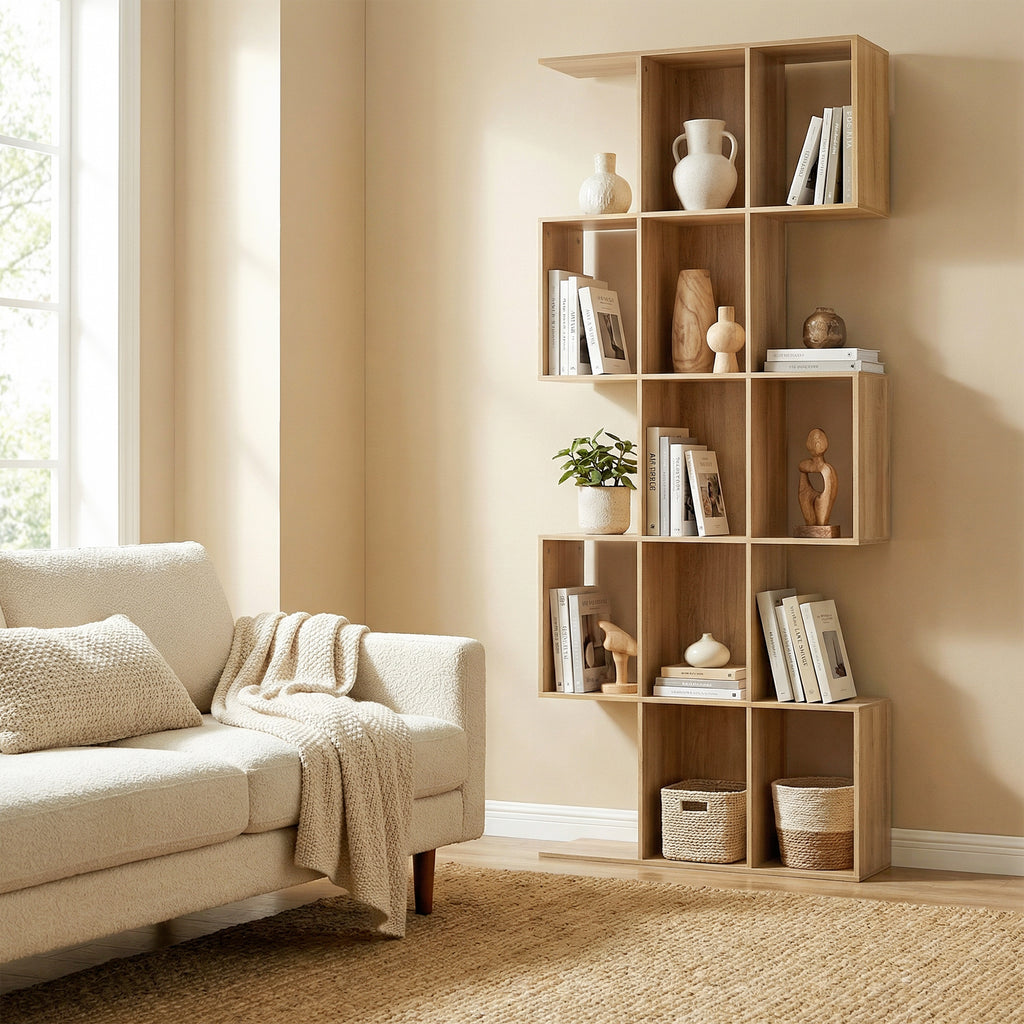 5-Tier S-Shaped Bookcase with 15 Shelves, Wooden, 80x24x200 cm, Oak Color