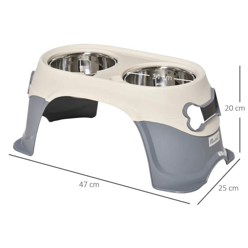 Double Raised Dog Bowl in Stainless Steel and Plastic with Non-Slip Feet, 47x25x20cm, White and Grey - Borge' Group Limited