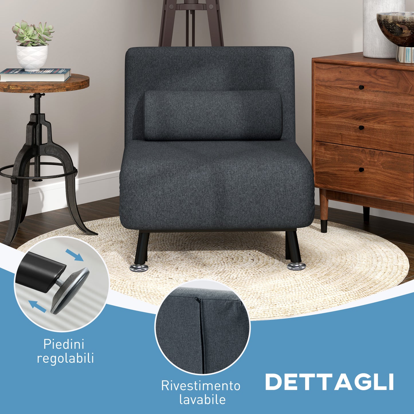 Armchair 3 in 1 Sofa Bed with Adjustable Backrest and Cushion, in Linen Effect Fabric and Steel, Dark Grey