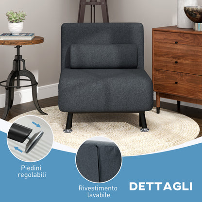 Armchair 3 in 1 Sofa Bed with Adjustable Backrest and Cushion, in Linen Effect Fabric and Steel, Dark Grey