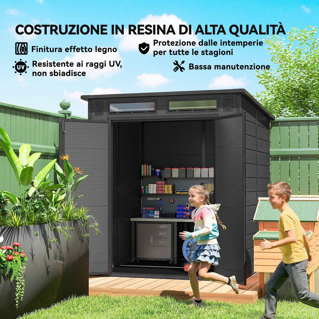 Garden Shed with 2 Entrances, 3 Windows and Air Vents, in PP and Aluminum, 182x182x196 cm, Dark Grey