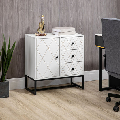 Diamond-shaped chest of drawers with 3 drawers and a cabinet with adjustable shelf, in steel and MDF, 70x35x75 cm, White - Borgè