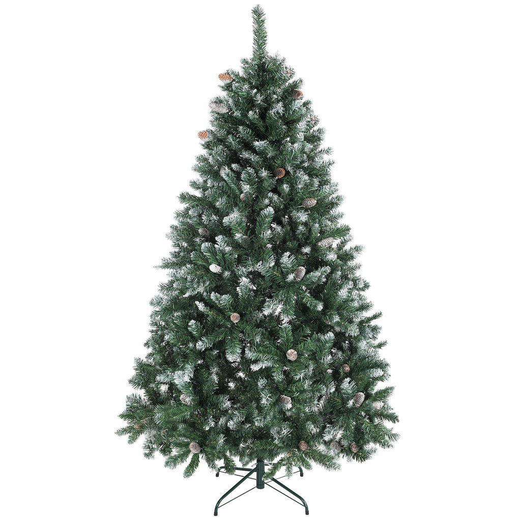 180cm Tall Snow-Covered Christmas Tree with 910 Branches and Pine Cones, Foldable Metal Base, Green