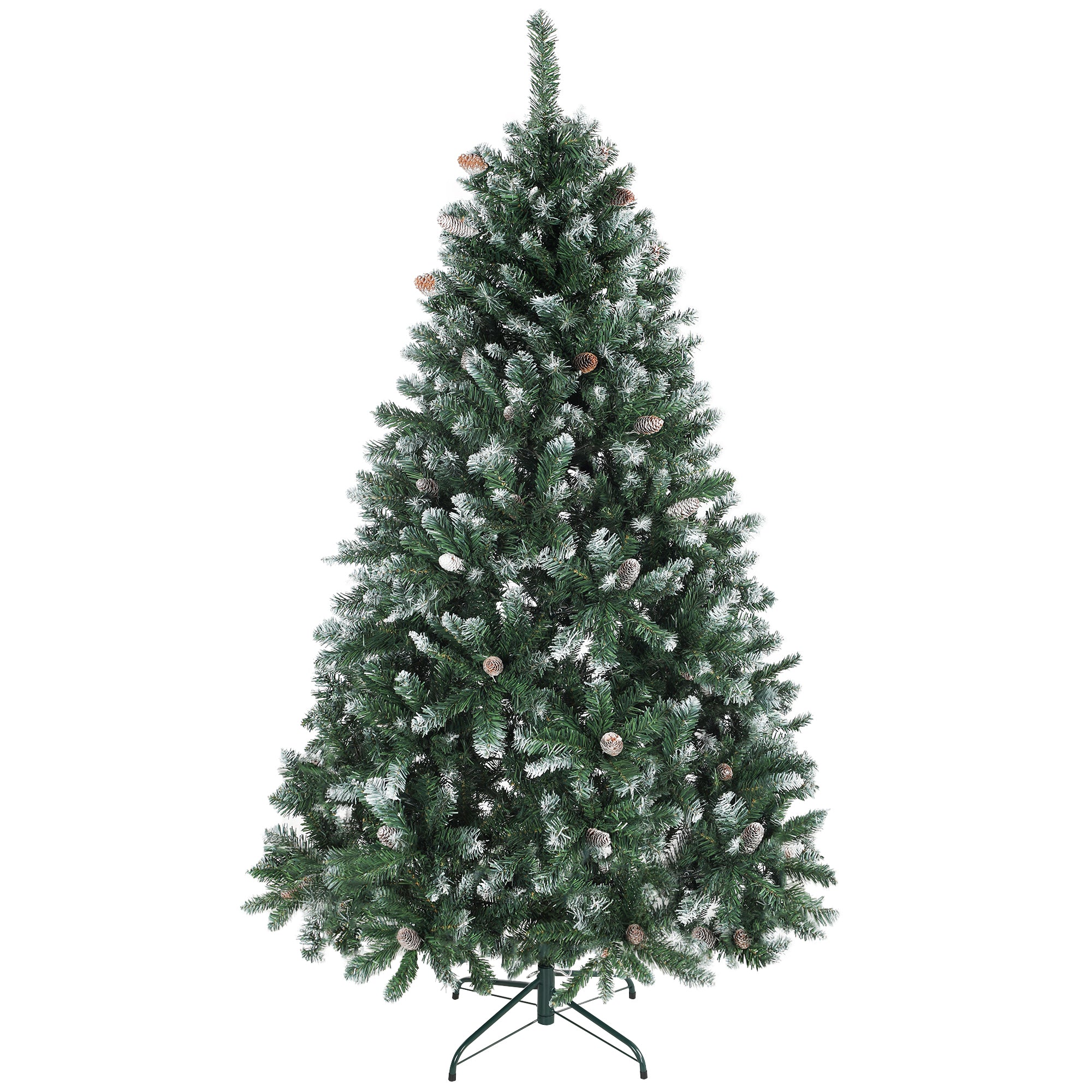 180cm Tall Snow-Covered Christmas Tree with 910 Branches and Pine Cones, Foldable Metal Base, Green
