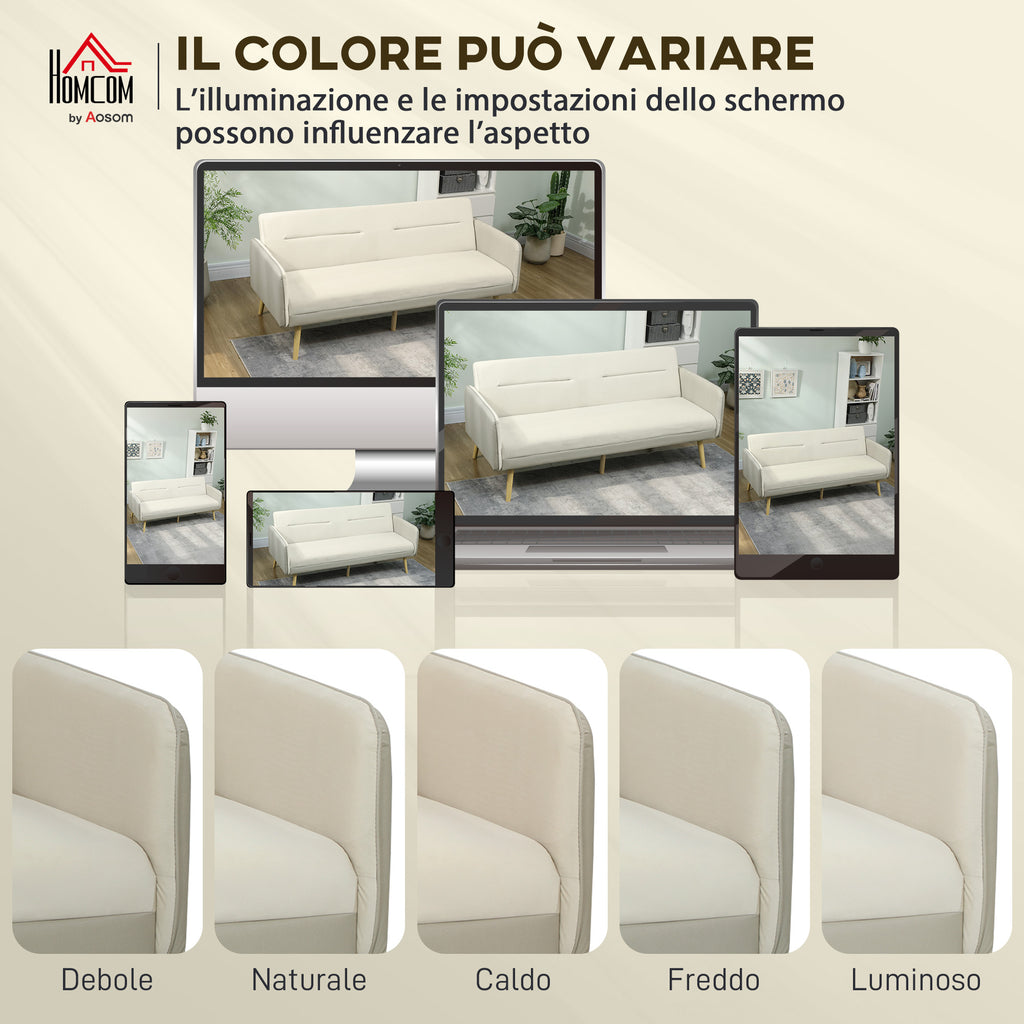 3-Seater Sofa Bed with Reclining Backrest and Velvet Upholstery, 185x84x83 cm, Beige
