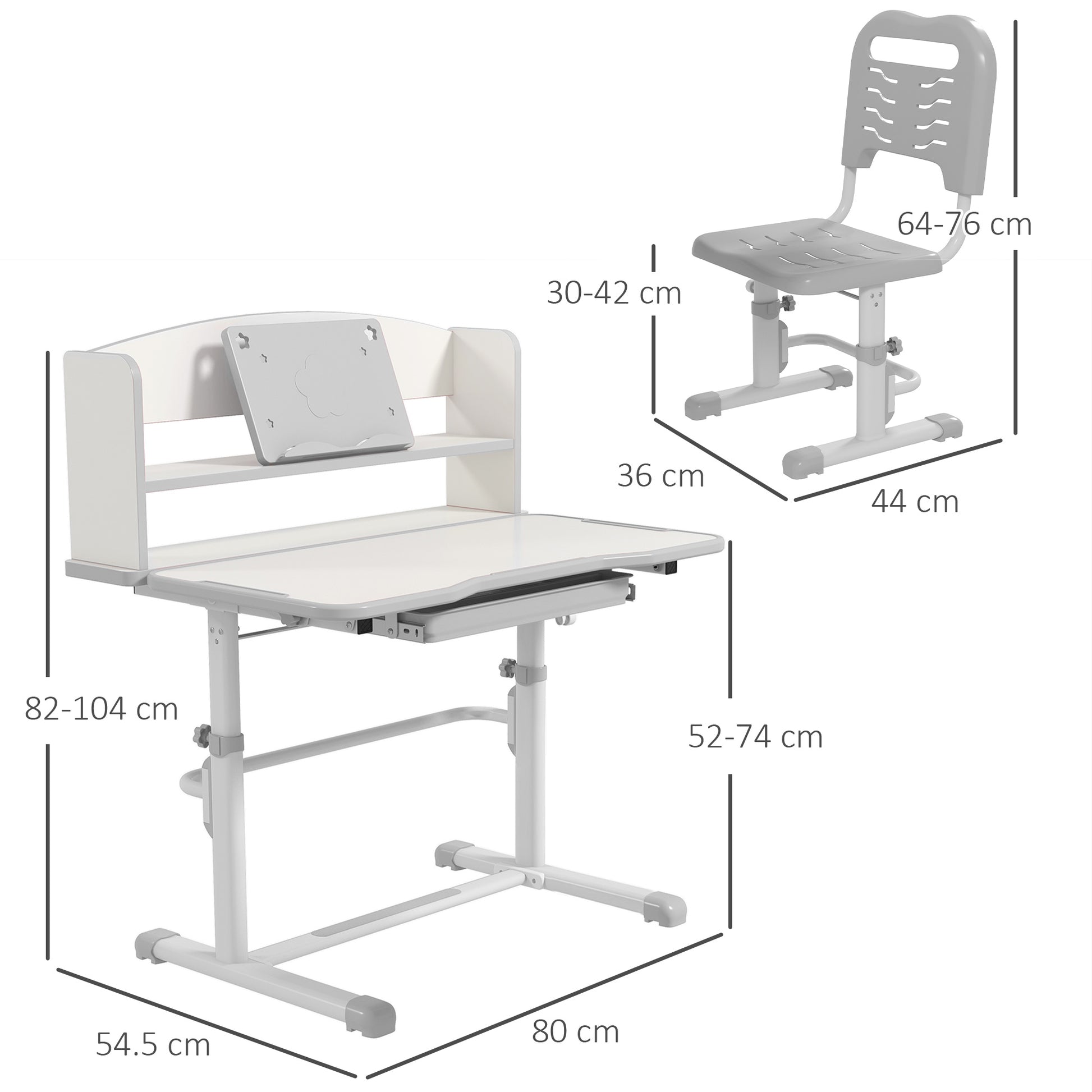 Zonekiz set for children's desk with height adjustable chair and tilting plan, age 6-12 years, gray - Borgè