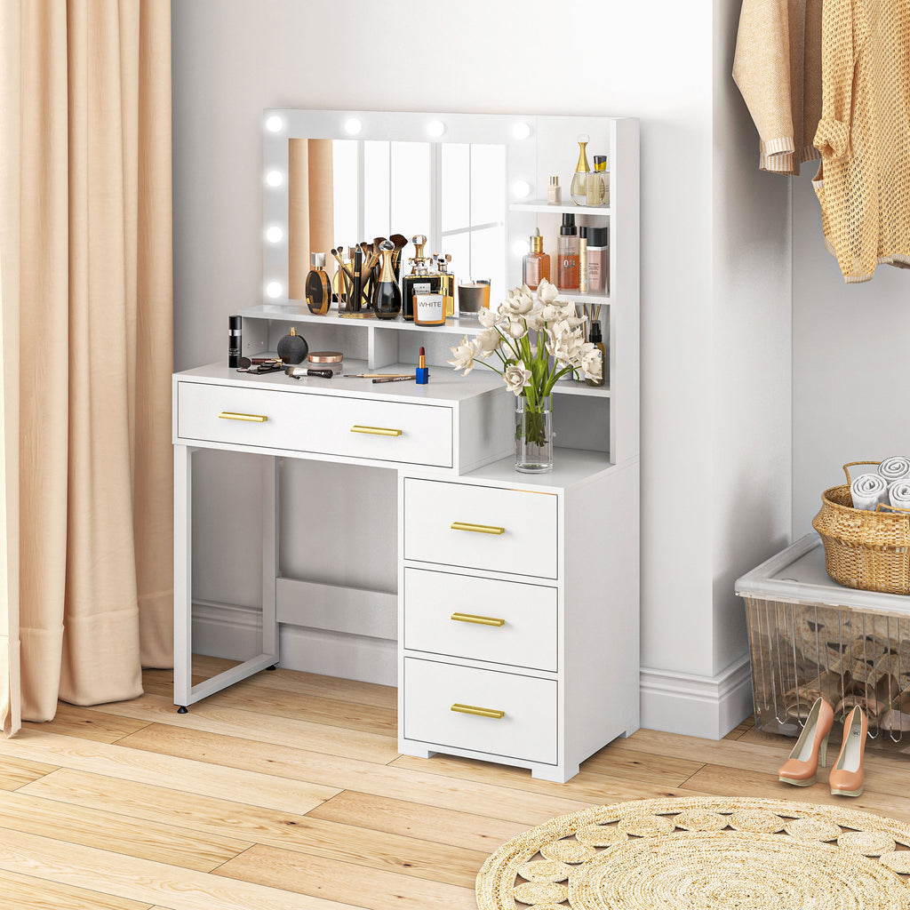 HOMCOM Wooden Makeup Table with 4 Drawers, 6 Open Shelves and Mirror, 100x40x138 cm, White - Borgè