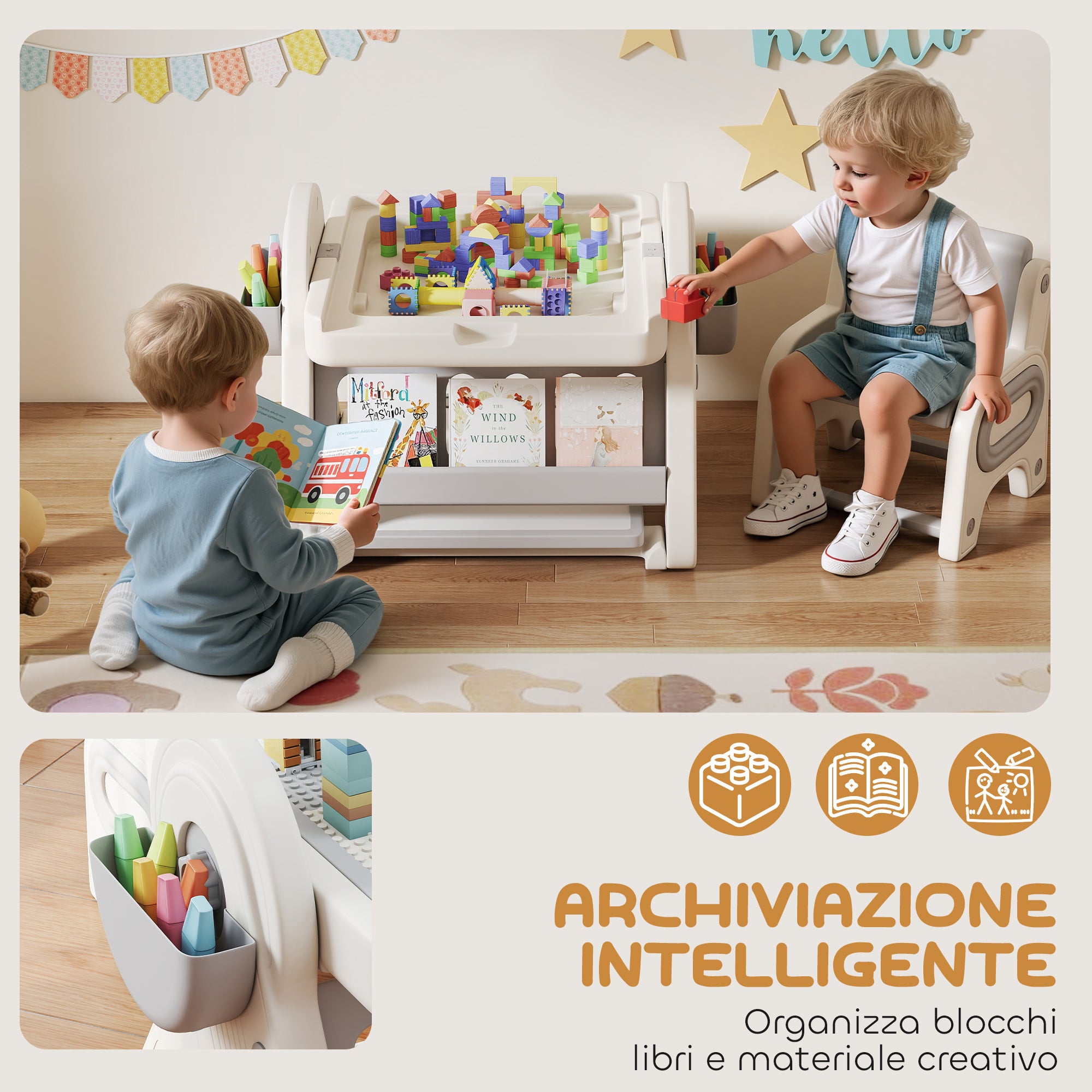 Multipurpose Children's Table with Storage Shelf and Drawers, in HDPE and PP, Grey and White