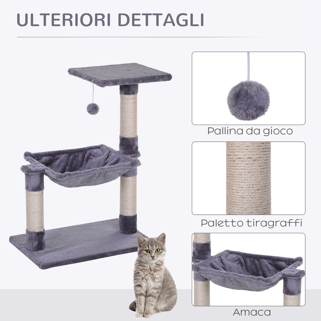 Multi-Level Cat Scratching Post with Hammock and Ball, Wood and Plush, 50x36x70cm, Grey