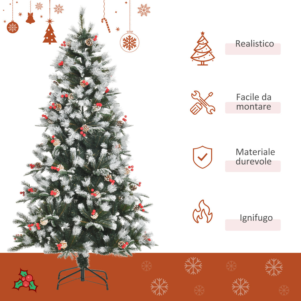 180cm Snowy Christmas Tree with Red Berries and White Pine Cones, Removable Folding Base, 678 Branches, Green